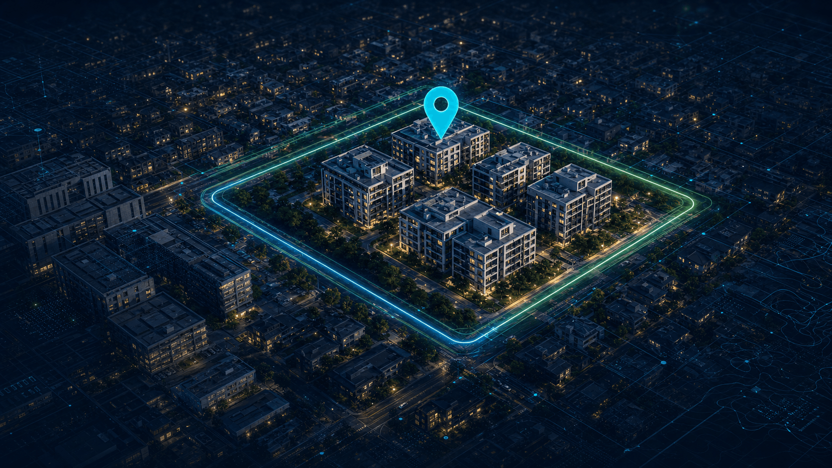 Mock aerial property intelligence visualization with highlighted development boundary